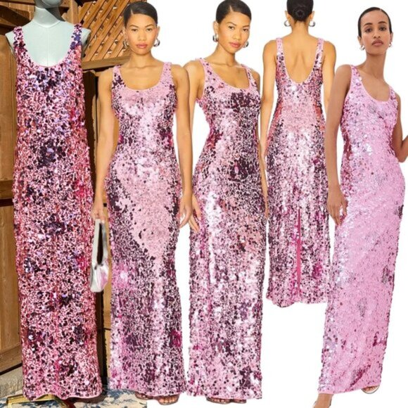 🆕 SIMKHAI 🧿 NWOT Bex Sequined Embellished Maxi Dress, Sorbet Pink - Sz US 12 - Picture 1 of 16